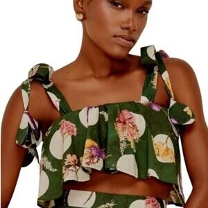 AGUA De Coco Cropped Blouse w/Lacing Floral Print, Size Small